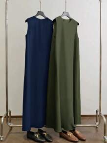 Al Najma Women's Solid Color Crew Neck Sleeveless Casual Arabic Style Dress - Multicolor - View 1