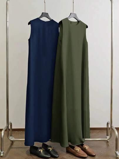 Al Najma Women's Solid Color Crew Neck Sleeveless Casual Arabic Style Dress