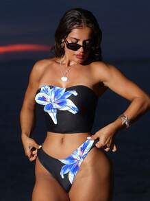 SHEIN Swim Women Summer Printed Spaghetti Strap High Cut Bikini Set - Black - View 6