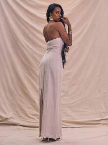 MUSERA Bandeau-Trägerlos Leinen Gerade geschnittenes Maxikleid Frühling Sommer Urlaub Feiertag Elegant Strandmode Boho Romantisch Ibiza Leinenoptik