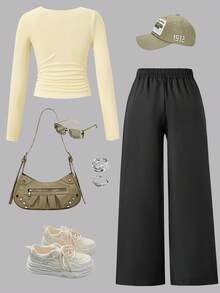 2 件套青少年女孩休闲运动字母与图标图形印花白色长袖针织 T 恤和阔腿裤配抽绳运动服 - 杏色 - 查看 2