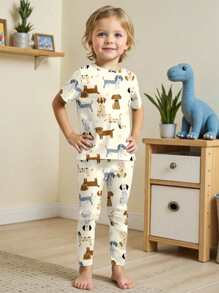 SHEIN Dogs, Young Boy Cartoon Pattern Short Sleeve T-Shirt & Pants Homewear Set, Snug Fit, Suitable For Spring/Summer - Multicolor - View 2