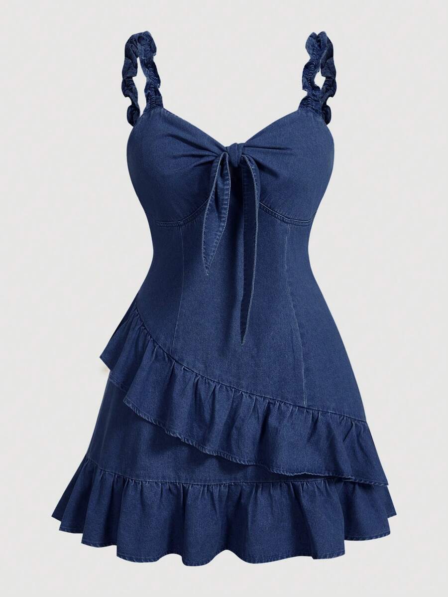 SHEIN MOD 大码女式前结牛仔吊带裙，性感 - 深色水洗藍 - 查看 1