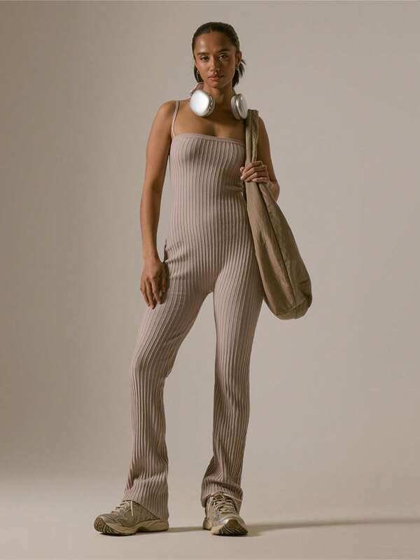 MUSERA Ribbed Strappy Fitted Flare Jumpsuit Vacation, Casual, Airport Outfit