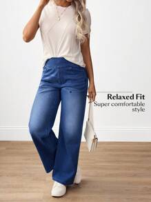Flexra Damen hohe Taille Weite Bein Loose Lässig Jeans mit Taschen