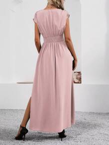 SHEIN Clasi Women's V-Neck Ruched Waist Split Elegant Fashion Dress Maxi Women Outfit - Pink - View 2