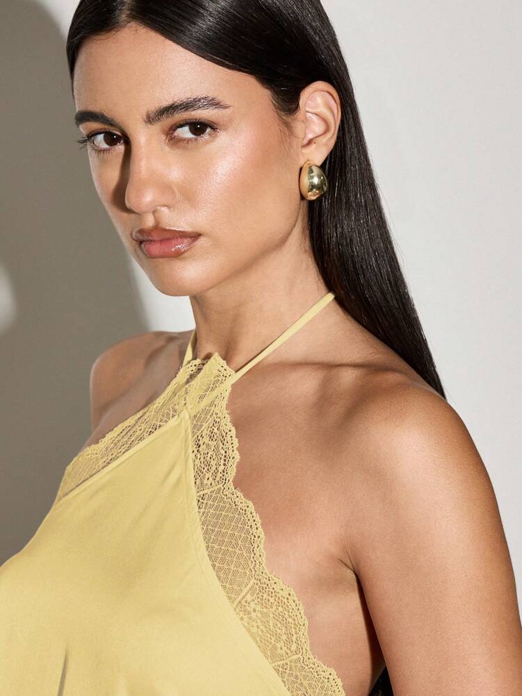 Elegant Satin Cami Top Lace Trim Adjustable Straps