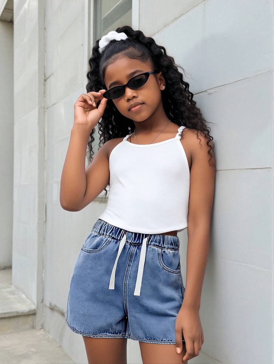 Short vaquero para niñas preadolescentes, estilo casual y cómodo para actividades al aire libre, cintura elástica, ajuste holgado, azul lavado ligero para verano