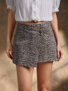 WESTFADE Asymmetrical Hem Button Front Mini Cheetah Print Denim Skirt Spring Break Cute Casual Beach Vacation - Multicolor - View 1