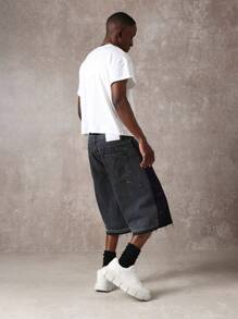 SUMWON Premium Contrast Panel Denim Shorts With Paint Splatter, Distressed Raw Hem, Contemporary Urban Streetwear Design For Summer Festival, Edgy Fashion Statement Piece