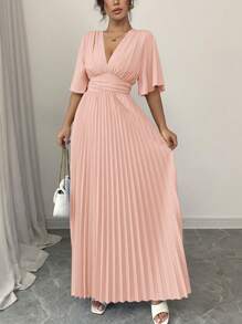 Rafferiza Elegante vestito con scollo a V, con arricciature e pieghe sul davanti, maniche corte, adatto per primavera/estate - Rosa - Visualizzare 3