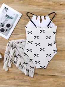 SHEIN Tween 女童连体蝴蝶印花泳衣（带网状裙套装）