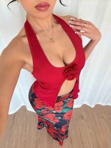 Chiquease 2pcs Set Women Floral 3D Decor Halter Neck Top And Floral Print Fish Tail Midi Skirt