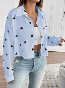 Chiquease Women's Valentine's Day Heart Print Short Front Long Back Blouse Fall Cloth For Women - Blue - View 6