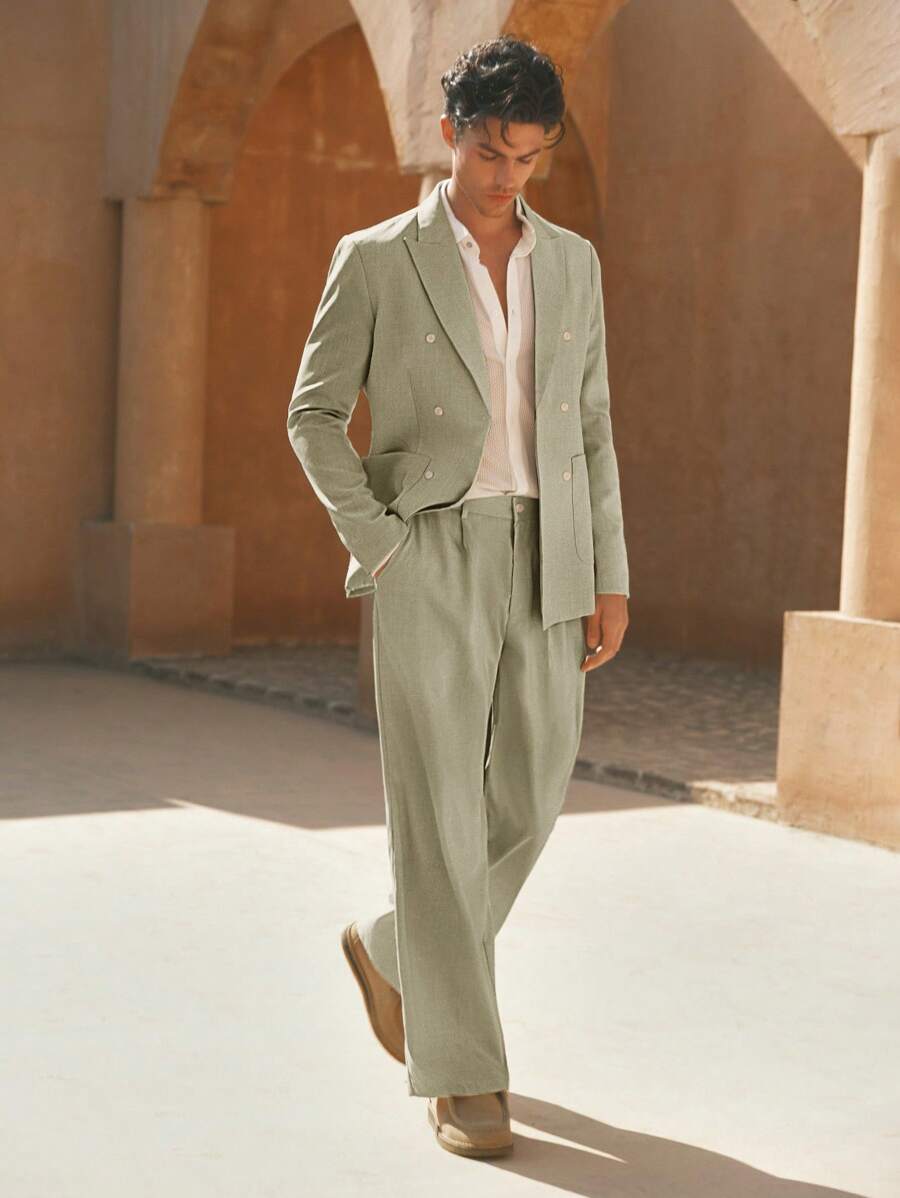HIMLAND Set de 2 piezas: Chaqueta casual de vestir de manga larga y corte holgado para hombre + pantalones rectos de cintura elástica como traje