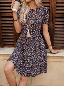 Faunlyn Valentine's Day Ladies' Summer Round Neck Floral Print A-Line Short Elegant Dress - Multicolor - View 6