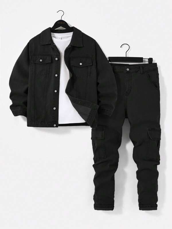 SHEIN 2-teiliges lässiges Mode Set für Teenager Jungen: Schwarze Denimjacke mit Langarm und Cargo-Taschen mit Gummibund, entworfen für schmale Jungen, Jeans für den Alltag und Schulkleidung