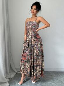 Breezaya 佩斯利印花细肩带连衣裙，度假休闲长款度假海滩装女士 - 杏色 - 查看 5