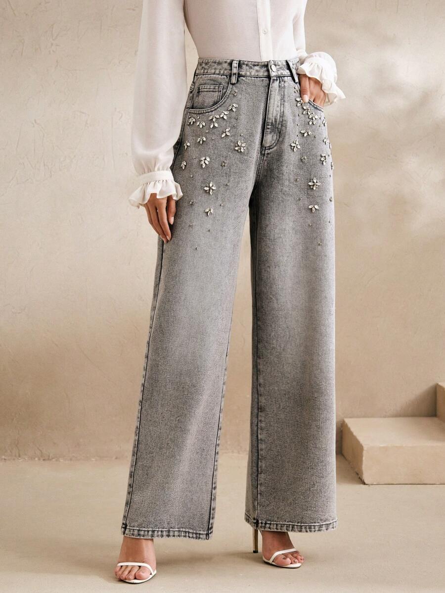 Anewsta 优雅通勤时尚手工水钻直筒女裤，春季女士，夏季 - 深灰色 - 查看 1