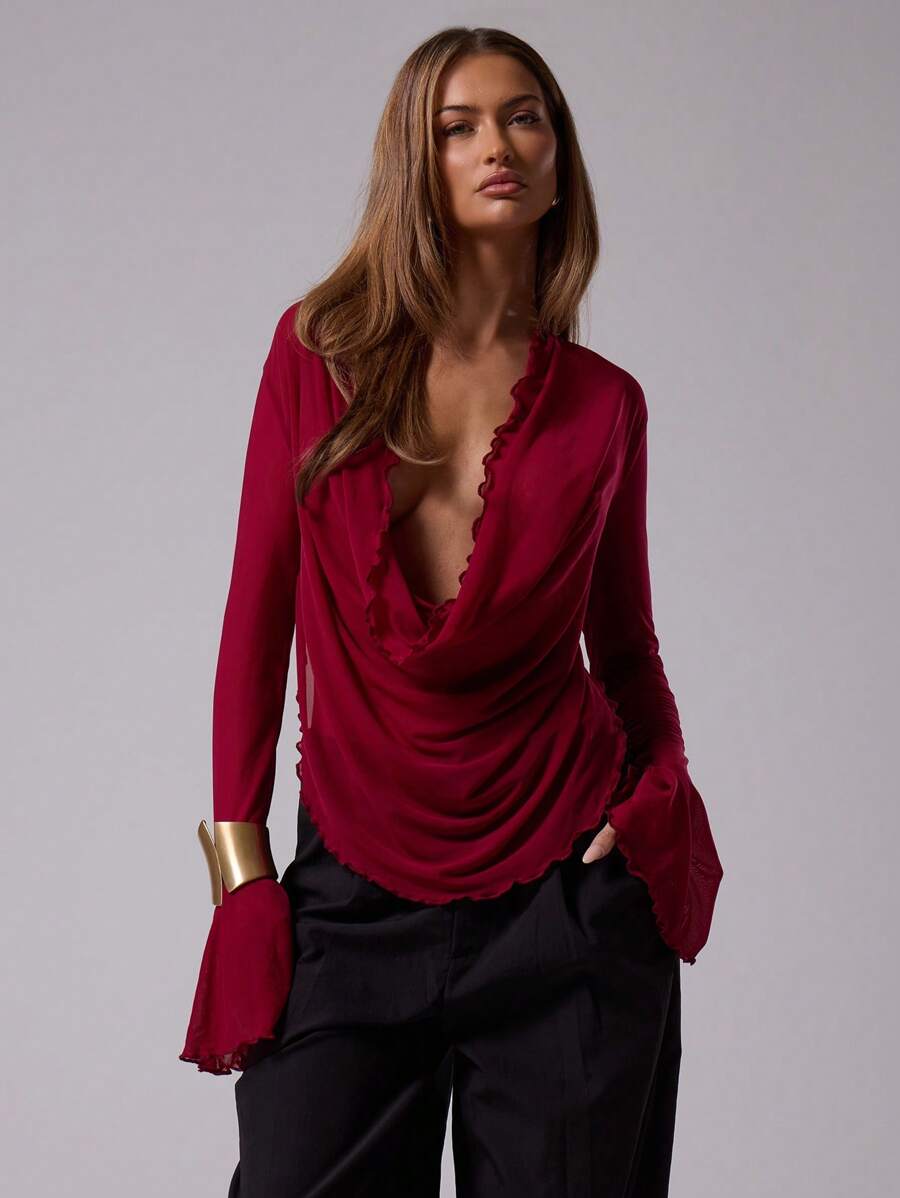 MUSERA 性感外出上衣透明垂坠挂脖长袖上衣伊比沙岛海滩度假外出上衣俱乐部冬季秋季冬季圣诞节 - 酒紅色 - 查看 1