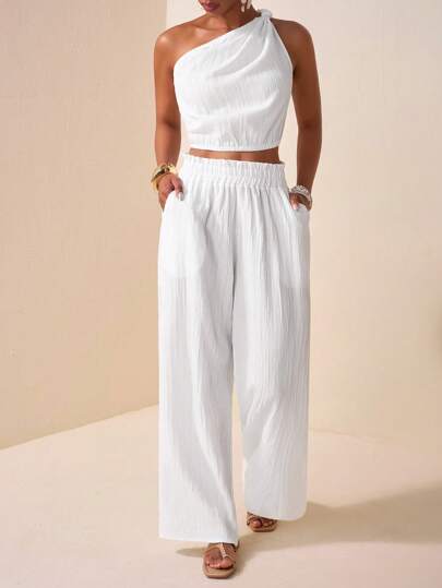 Zivah 2025 Summer New Style Birthday Party Back To School Student Wear Daily Street Basic Versatile Leisure Vacation Cruise Travel Beach Seaside Sunbathing Popular Online Style Elegant Commuting Business Casual One Shoulder Twisted Off-Shoulder Backless Cropped Fit Women's Tops And Straight Loose Trousers Ruffled Edges With Real Pockets Textured Vertical Stripes White Slightly Transparent Summer Suits Women's Two-Piece Suits