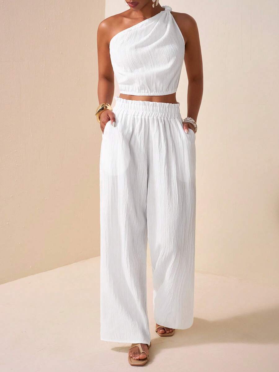 Zivah 2025 Summer New Style Birthday Party Back To School Student Wear Daily Street Basic Versatile Leisure Vacation Cruise Travel Beach Seaside Sunbathing Popular Online Style Elegant Commuting Business Casual One Shoulder Twisted Off-Shoulder Backless Cropped Fit Women's Tops And Straight Loose Trousers Ruffled Edges With Real Pockets Textured Vertical Stripes White Slightly Transparent Summer Suits Women's Two-Piece Suits - White - View 1