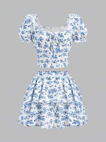 SHEIN Girlism Teenager Mädchen Landurlaub Blau und Weiß florales Puffärmel Set mit Herzausschnitt, gerüschter Vorderseite mit Schleife und geschichteter Lotusblatt Rock, zweiteiliges Set, geeignet für Frühling und Sommer, modisch für Herbst und Winter als Innenwäsche, Muster für Urlaubszeit, süß und niedlich