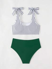 Swim Lushoire Bộ Bikini In (In Ngẫu Nhiên) - Đồ Bơi Sọc Camisole Và Quần Bơi Tam Giác Màu Trơn - Nhiều màu - Xem 2