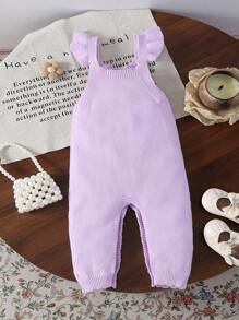 Baby Girls' Cartoon Jacquard Knit Bib Jumpsuit, Pink Cute Furry Rabbit Cap Sleeve Infant Jumpsuit, Spring/Autumn - Purple - View 2