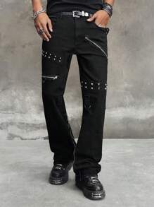 ROMWE MEN Street Life Men's Punk Cowboy Jeans With Eyelet Design And Pockets, Casual Flared - Black - View 8