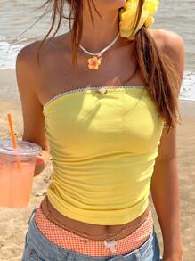 Jouncy Women's Casual Vacation Beach Contrast Trim Ruched Tube Top - Multicolor - View 1