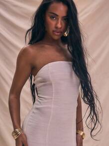 MUSERA Bandeau-Trägerlos Leinen Gerade geschnittenes Maxikleid Frühling Sommer Urlaub Feiertag Elegant Strandmode Boho Romantisch Ibiza Leinenoptik