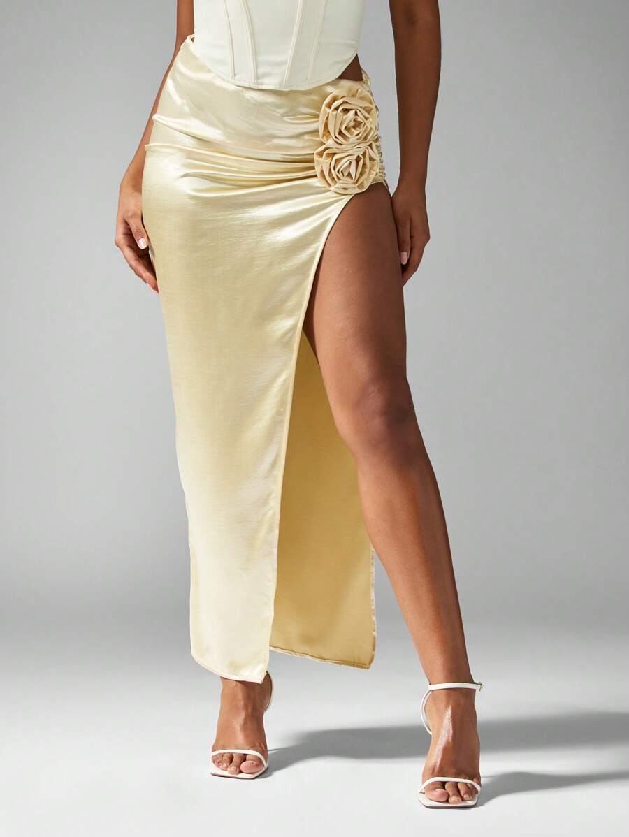 MISSGUIDED Luxurious Metallic Satin Maxi Skirt Evening Party Wedding Reception Special Occasion Double Rose Applique Side Slit Formal Wear Bridal Collection - Yellow - View 1