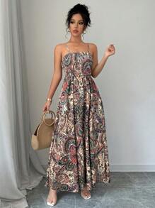 Breezaya 佩斯利印花细肩带连衣裙，度假休闲长款度假海滩装女士 - 杏色 - 查看 4