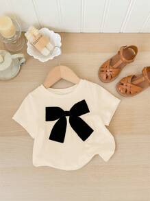 SHEIN LMoss Babygirl Cute Knit Casual Versatile Bow Short Sleeve Top - Apricot - View 3