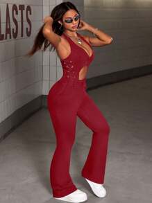 SHEIN ICON Mono para mujer con tirantes finos y ojales laterales, diseño calado - Burdeos - Ver 6