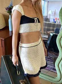 INAWLY 2pcs Women Set: Contrast Color Front Tie Cropped Knit Top & Knitted Blend Midi Skirt - Multicolor - View 3