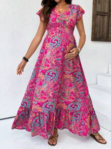 SHEIN Schwangerschaftskleid im Urlaubsstil mit Cashew-Muster, Rüschen an Ärmeln und Taille, figurbetonter Passform in Midi-Länge für Schwangere im Sommer