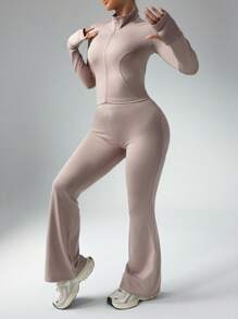Rhythm Era 2 Peças/Conjunto Jaqueta com Capuz e Zíper Frontal Casual Plus Size para Mulheres & Calça Flare de Cintura Alta, Design com Orifício para Polegar