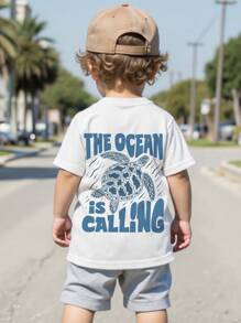 SHEIN Young Boy Casual Simple Letter Print Round Neck Short Sleeve T-Shirt, Suitable For Summer