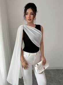 Chiquease 女士黑白撞色浪漫优雅婚礼宾客毕业演唱会外出上衣，商务休闲性感约会派对晚会无袖衬衫 - 黑與白 - 查看 1