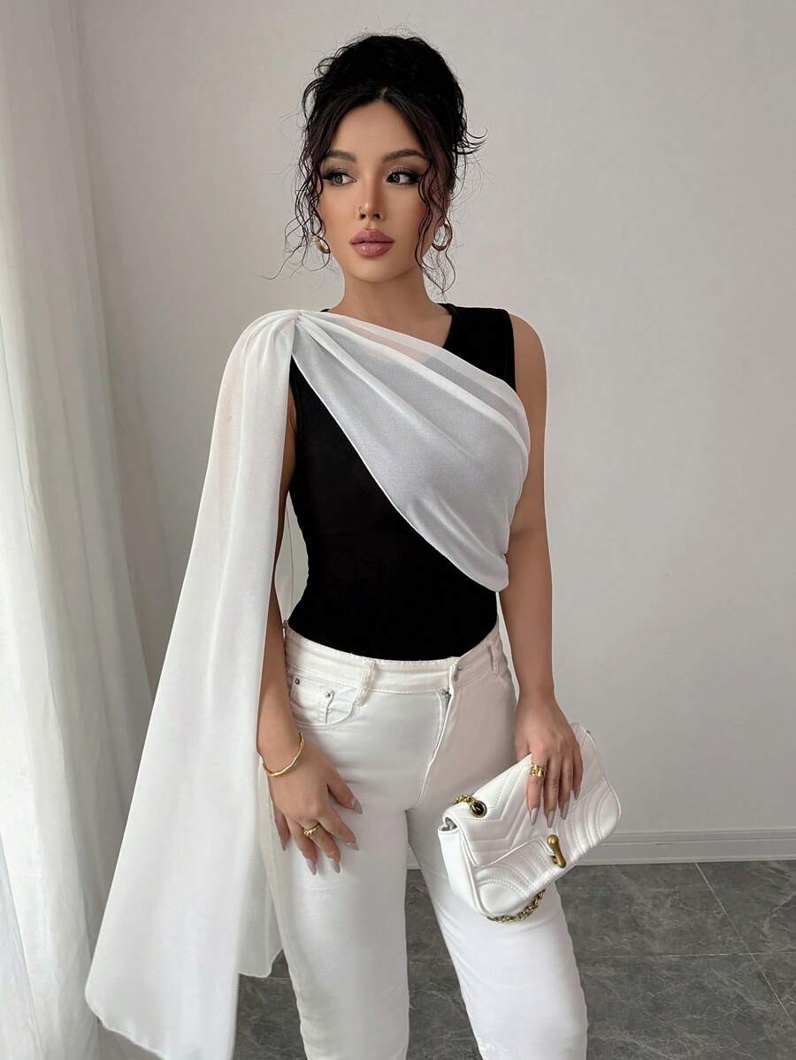 Chiquease 女士黑白撞色浪漫优雅婚礼宾客毕业演唱会外出上衣，商务休闲性感约会派对晚会无袖衬衫 - 黑與白 - 查看 1