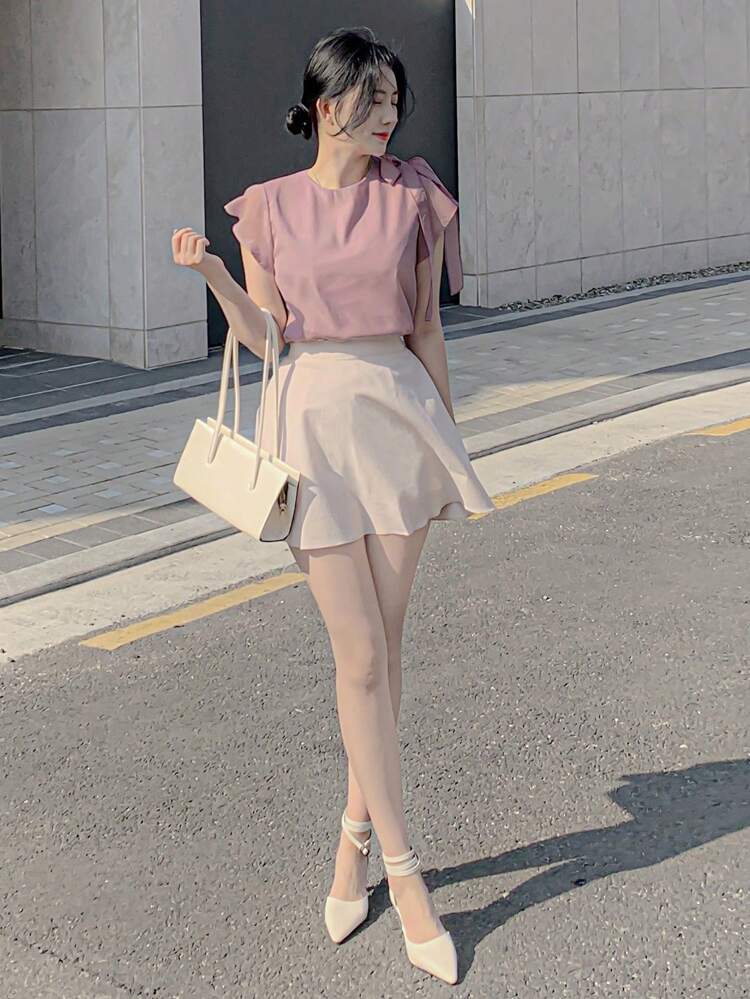 Women's Short Sleeve Bowknot Front Pullover Shirt,Ruffle