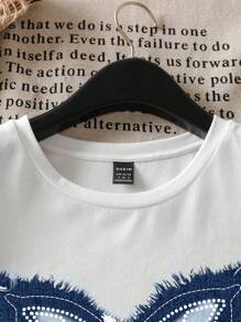 Attitoon 休閒寬鬆蝴蝶圖案圓領女短袖T恤，夏季完美穿搭