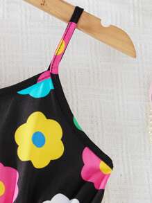 Vestido casual de tirantes finos con estampado floral para niña en vacaciones - Negro - Ver 6
