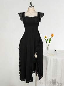 SHEIN ICON Plus Size Square Neck Ruffle Hem Fitted Dress, Wedding Party Formal Attire, Spring Wedding Guest Romantic Outfit - Black - View 3