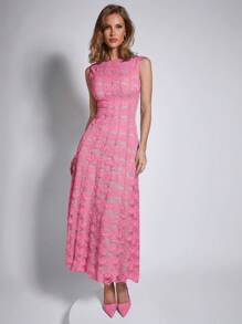 COSMINA 女士优雅蓝色蕾丝无袖中长连衣裙，春夏 - 粉色 - 查看 3