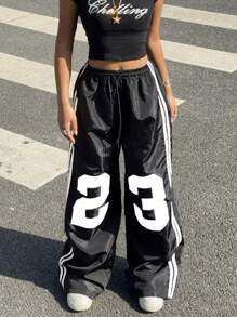 Muchica Quần ống rộng màu đen dệt kim, cạp chun, in họa tiết số dành cho nữ. - Đen và trắng - Xem 4