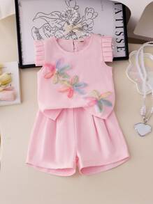 2pcs/Set Little Girls Pink Soft Cap Sleeve Sparkly 6-Petal Flower Solid Foldable Shorts Suit, Sweet & Cute Casual Summer Outfit - Pink - View 7