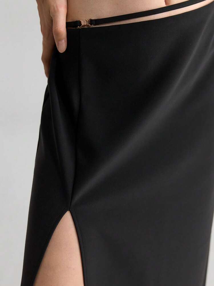 2025 Women's A-Line Skirt,Black,Autumn,Seksi Chic,Bar Party Music Festival Graduation Skirt,Urban Style Knit With Metal Accessories & Side Slit
